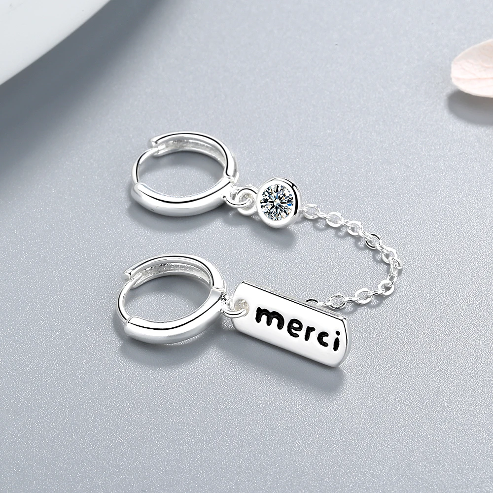 Popular 925 Sterling Silver Double Ear Hole Letter "Merci" Hoop Earring For Women Zircon Jewelry Accessories Gifts S-E962
