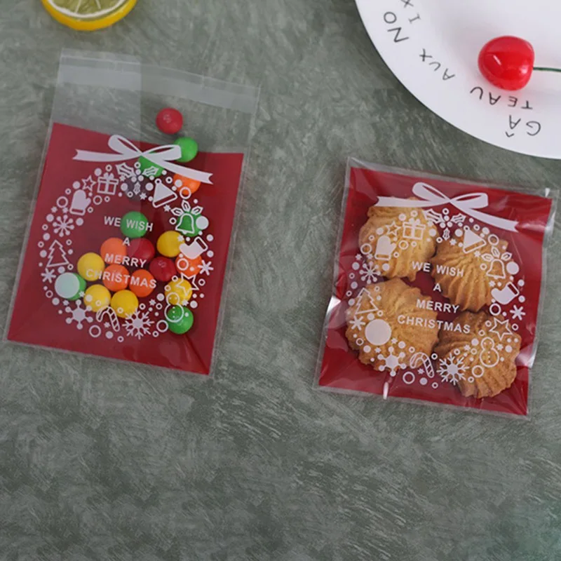 100 шт, Рождественская посылка для печенья, конфет, Подарочная сумка, сделай сам, самоклеющиеся полипропиленовые пакеты для рождества, домашняя Праздничная упаковка, украшение для выпечки