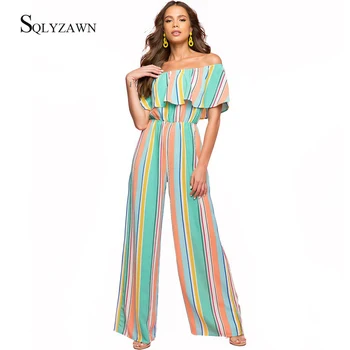 

Women Sexy Colorful Stripe Off Shoulder Ruffle Sleeve Palazzo Pants Jumpsuit Elegant Wide Leg Loose Romper Streetwear Overalls