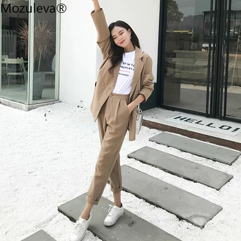 

Mozuleva Fashion Khaki Women Pant Suits Loose Blazer Jacket & High Waist Pencil Pants 2019 Casual Female 2 Pieces Set