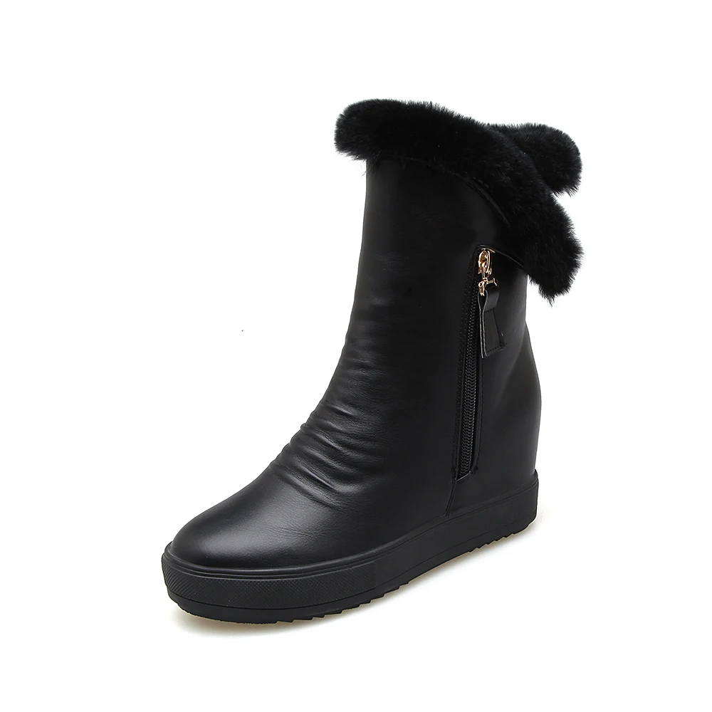 

LDHZXC 2020 Platform Round Toe PU Leather Casual Mid Calf Boots Fashion Wedge Heel zip Winter Warm Fur Women Shoes