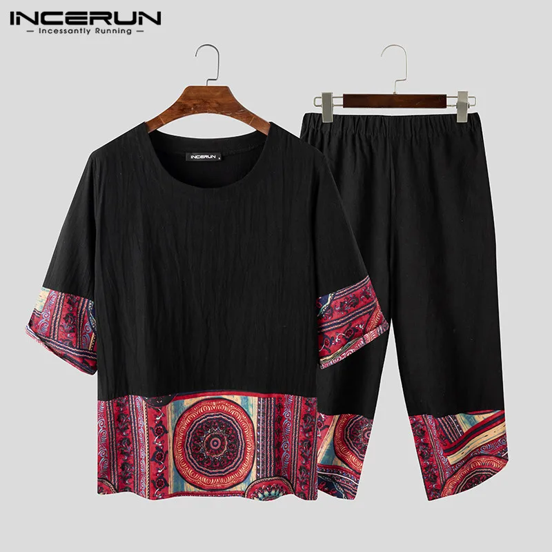 INCERUN 2020 Men Sets Print Patchwork Streetwear Vintage Cotton 3/4 Sleeve Shirt Calf Length Pants Casual Chinese Style Men Suit INCERUN 2020 Men Sets Print Patchwork Streetwear Vintage Cotton 3/4 Sleeve Shirt Calf Length Pants Casual Chinese Style Men Suit