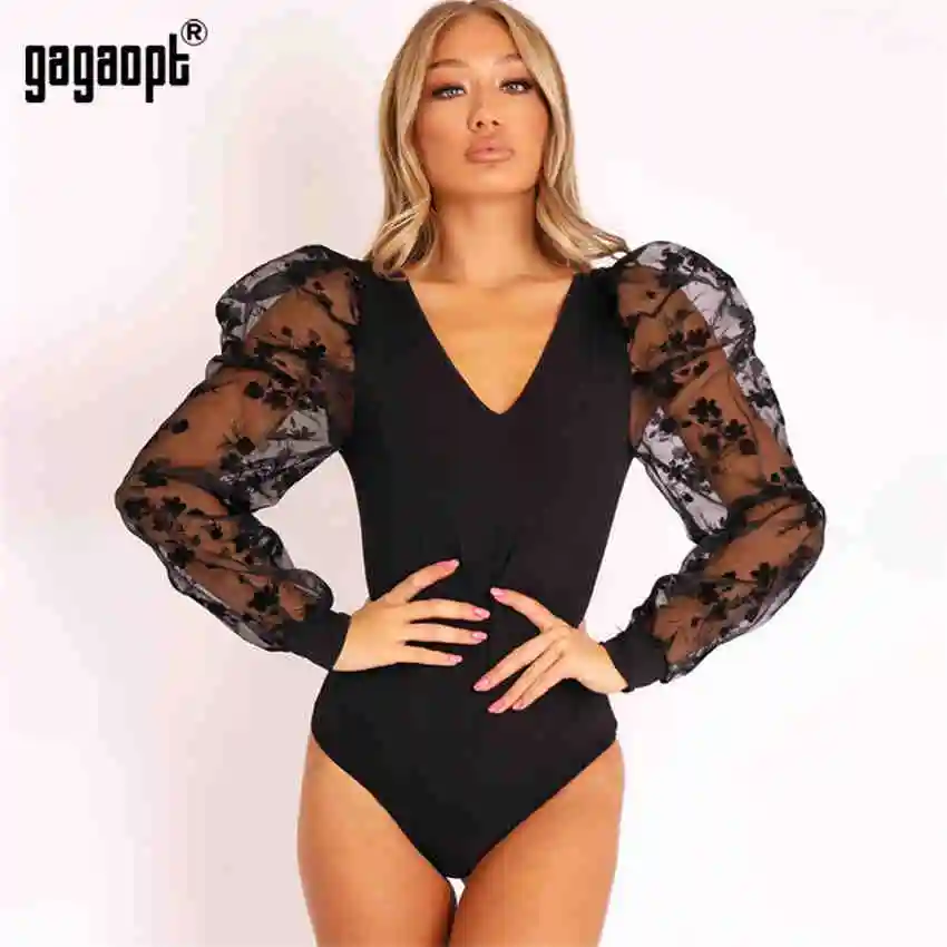 Gagaopt, Зимний цветочный кружевной боди с длинным рукавом, женский сексуальный боди с v-образным вырезом, Черный боди, комбинезон, комбинезоны, уличная одежда - Цвет: Черный