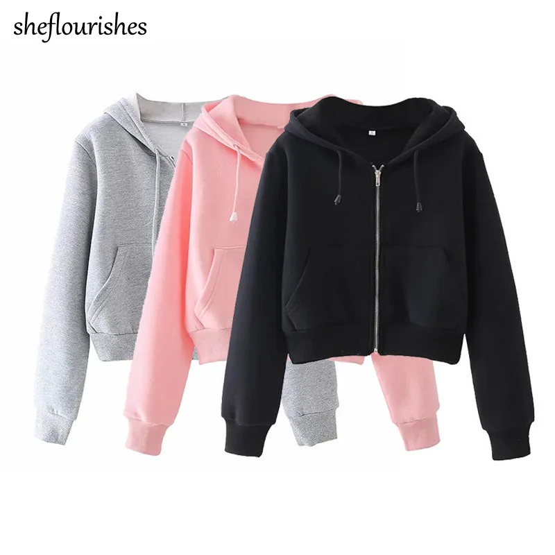 

Fall cropped hoodie women casual sweatshirt long sleeve grey hoodies pink black sweatshirt women zip up hoodies kawaii 2020