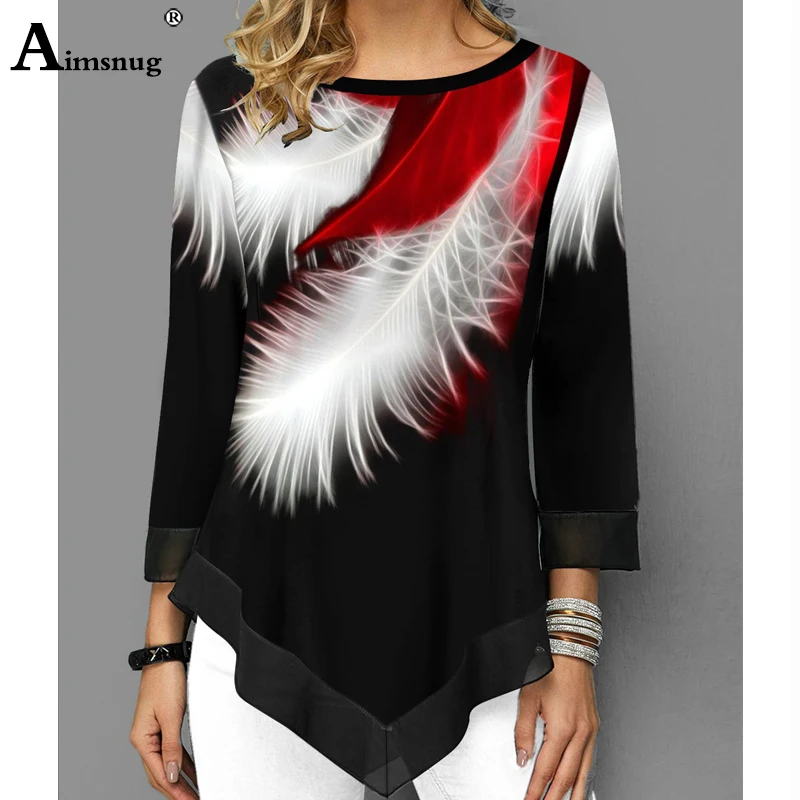 Aimsnug плюс размер 4xl 5xl Женские Летние Элегантные Лоскутные Топы с длинным рукавом Круглый вырез женская футболка Повседневная Свободная футболка