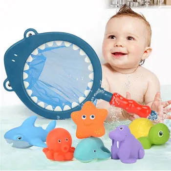 

Baby Shower Bath Toys 7pcs/sets Kids Swimming Water Toys Network Bag With Duck Fish Play Water Bath Doll Water Spray Bath Toys