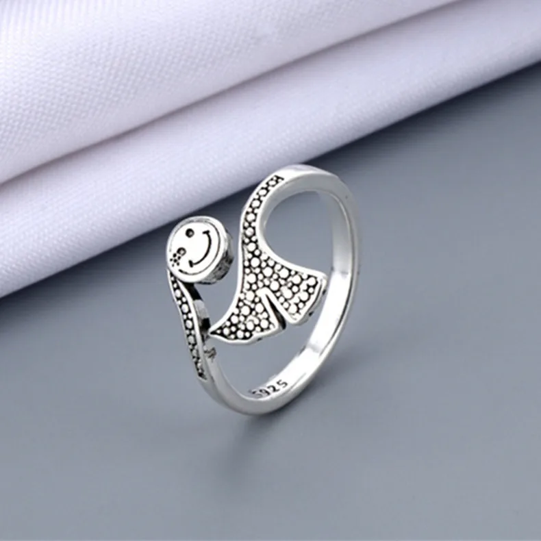Vintage Ancient Silver Color Happy Smiling Face Open Rings for Women Punk Hip Hop Adjustable Ring Fashion Jewelry Best Gift 12