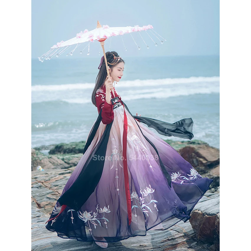 Китайская традиционная одежда Hanfu платье для женщин древняя народная танцевальная сценическая Цветочная вышитая Феи градиентная юбка