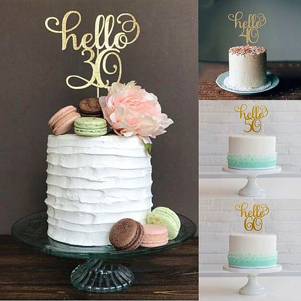 

1Pc Gold Hello 30th/40/50/60 Wedding/Birthday/Party Cake Topper Cake Decoration Cake Top Flag Decoration for Baking Supplies