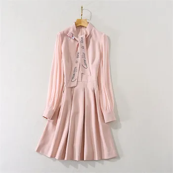 

2020 New Fashion Autumn Winter Designer Runway Dress Long Sleeve Women Elegant Bow Tie Solid Pink Knee Length Dress Casual