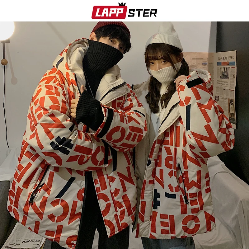 

LAPPSTER Men Japanese Streetwear Bubble Jacket 2020 Parka Mens Full Letter Print Hip Hop Hooded Jacket Casual Womens Korean Coat