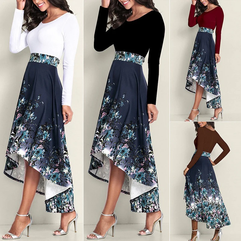 

CINESSD Europe and the United States spring and summer 2020 dress women's long-sleeved round neck stitching printed dress