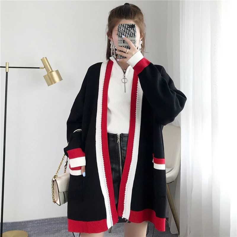 

Tunjuefs Loose Striped Cardigan Women Sweater Coat Pearl Beading Maxi Long Sleeve Plus Size Pockets Shrug Runway Knitted Top