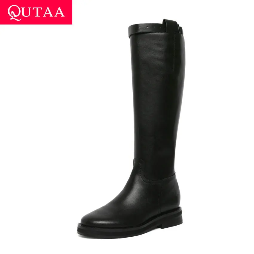 

QUTAA 2020 Patent Leather Cow Leather Autumn Winter Knee High Boots Square Heel Zipper Round Toe Fashion Women Shoes Size 34-39
