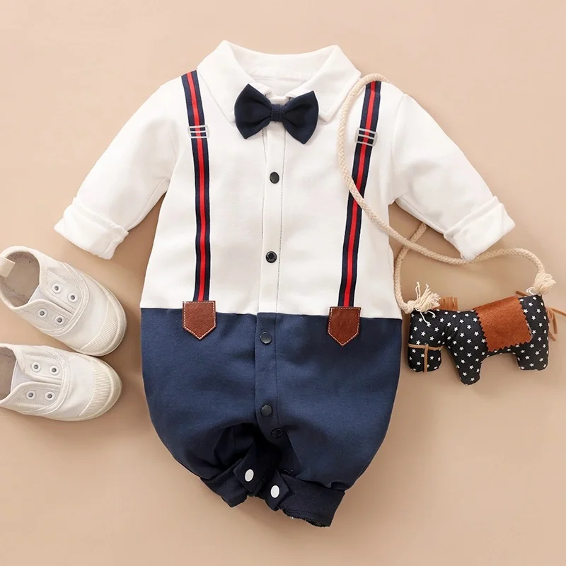 PatPat/весенне-осенние хлопковые Ползунки для новорожденных; платье для маленьких мальчиков; изящный комбинезон с длинными рукавами и галстуком-бабочкой в джентльменском стиле