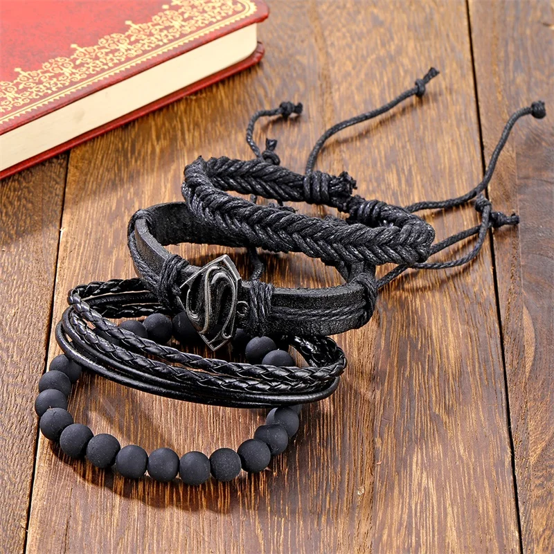 IFMIA Vintage Black Bead Bracelets For Men Fashion Hollow Triangle Leather Bracelet & Bangles Multilayer Wide Wrap Jewelry 2020 3