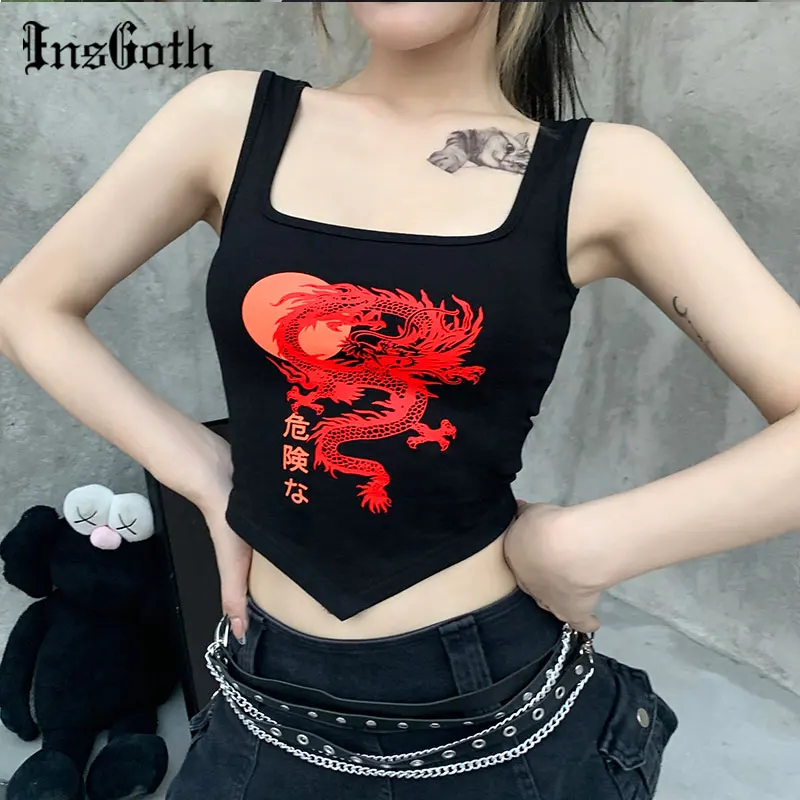 

InsGoth Grunge Dragon Print Black Tank Top Goth Harajuku Sexy Bodycon Tanks Women Streetwear Punk Sleeveless Basic Cropped Tops