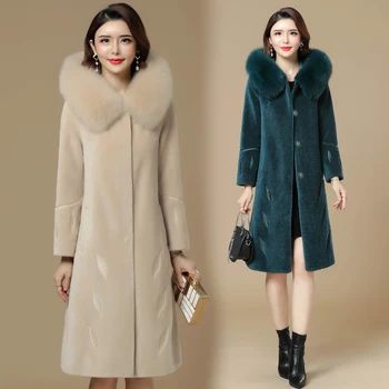 

Womens Real Fur Harajuku Street Style Thicken Warm Ladies Winter Coat with Long Sheep Shearing Loose and Large Holiday Dress