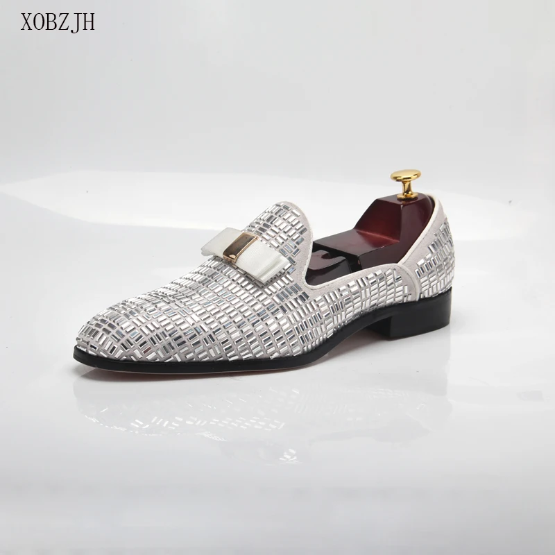 2019 New Men Dress Shoes Handmade Leisure Rhinestone Style Wedding Party Shoes Men Flats Silver Leather Loafers Shoes Big Size