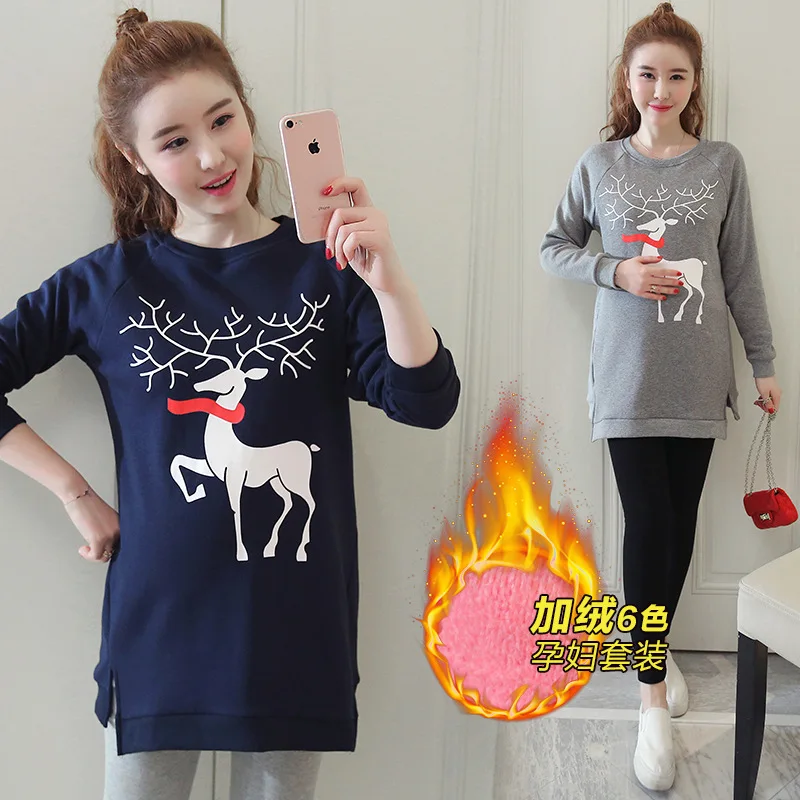 

Maternity Clothes Autumn And Winter New Style Brushed And Thick Cartoon Printed Mid-length Long-sleeve Sweater Set Maternity Pan