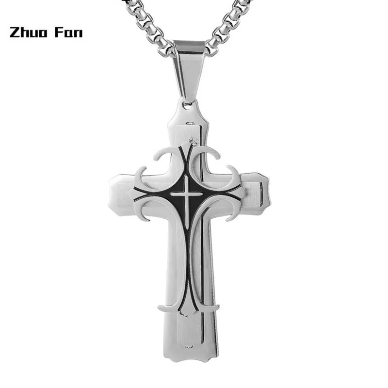 2020 Original Design Punk Double Cross Necklaces for Men Prayer Religion Collar Free Stainless Steel Box Chain 24&quot | Украшения и