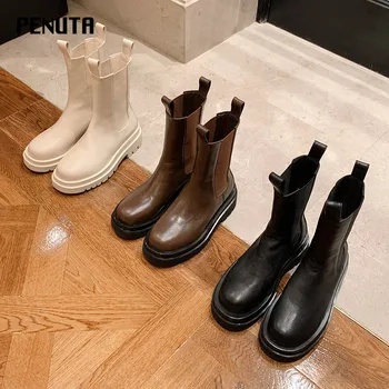 

2020 PENUTA Genuine Leather Ankle Boots Ladies Flat Platform Chelsea Boots Women Thick Bottom Elastic Motorcycle Boots New D0011