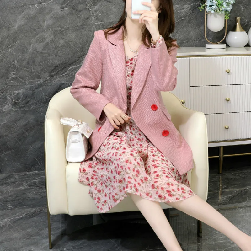 

2020 Spring and Autumn Women's Small Suit Long Sleeve Mid-Length Silver Fabric Pink Loose Suit Jacket Women Pink Blazer