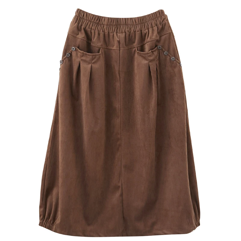 Uego Corduroy Autumn Winter Skirt Elastic High Waist Pocket Office Lady OL Work Skirts Women Casual Midi Skirt New Skirt