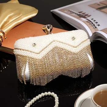 

Women Fashion Evening Bag Pearl String Tassel Diamond Studded Clutch Purse Lady Party Crossbody Shoulder Bag Heavy Style Hasp