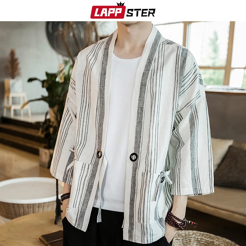 

Summer Stripe Patchwork Kimono Jacket 2019 Streetwear Wind Breaker Ribbons Cardigan Cotton Linen Jacket Open Stitch 5XL