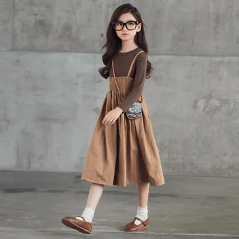 

Teenage Girls Two-Piece Set 2020 Autumn New Kids Girls Shirt Top and Suspender Skirt Set Elegant Baby Cotton Clothes Set, #1059
