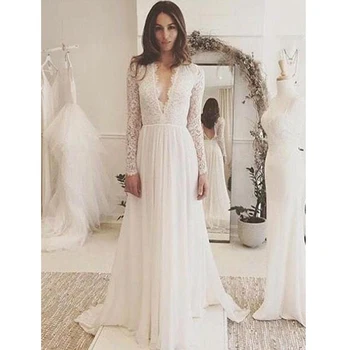 

Verngo Boho Wedding Dress 2019 Long Sleeve Lace Appliques Chiffon Wedding Gown Summer Beach Bride Dress Robe Mariage