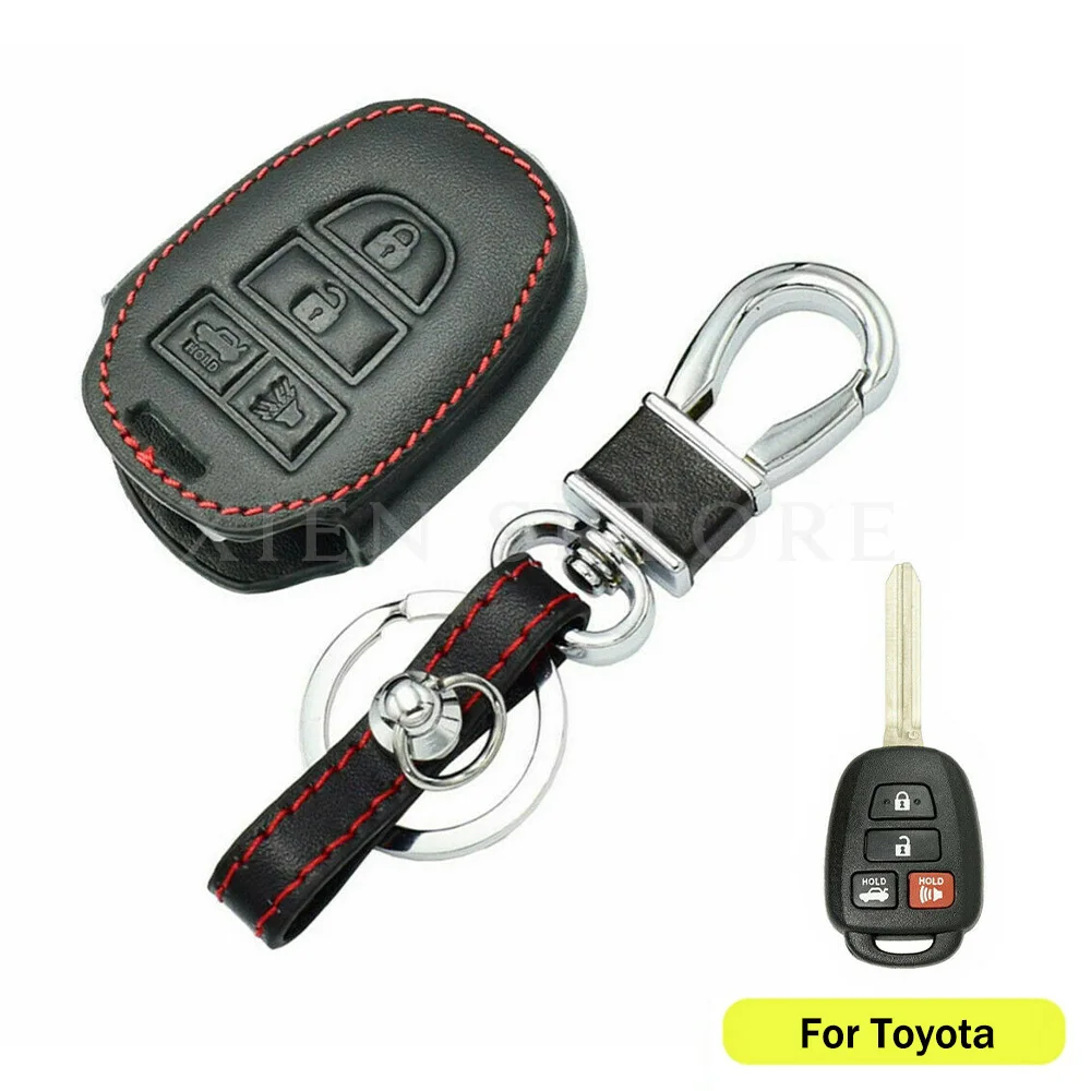 

Black Leather 4 Button Car Remote Smart Key Cover Case Chain Holder With Keychain Fit For Toyota RAV4 Corolla Camry Accessories