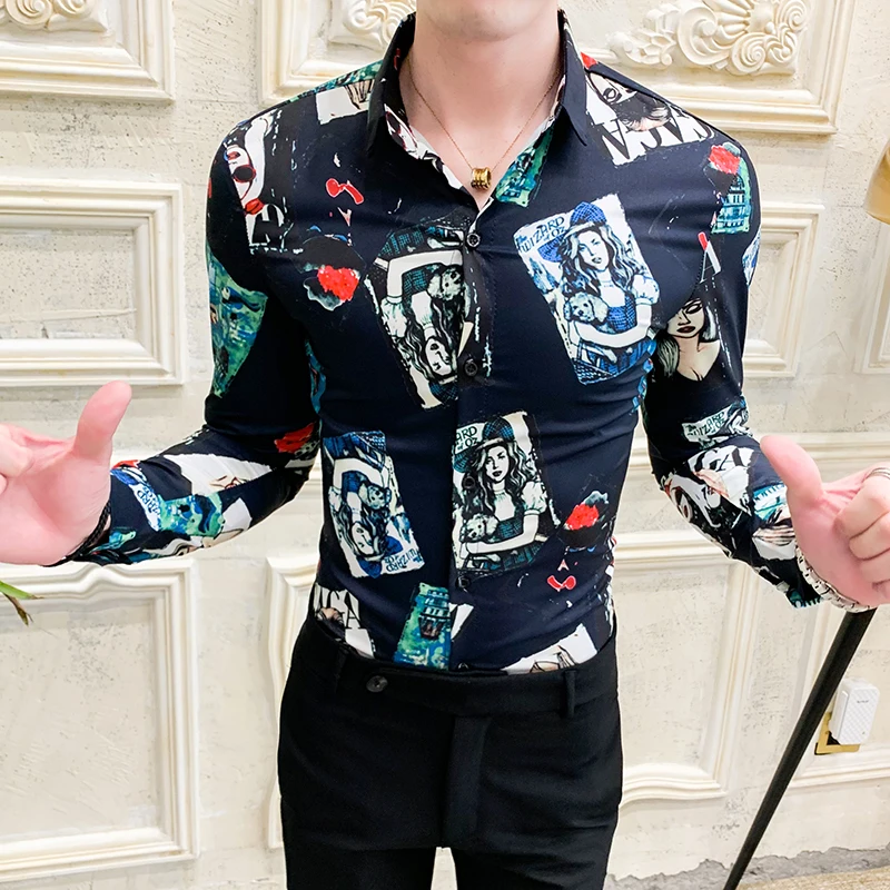 Рубашка для мужчин осень мужские рубашки с длинным рукавом Camisa Повседневное Slim Fit рубашки для мальчиков с принтом с героями из мультфильма уличная мода, вечеринки гавайская рубашка