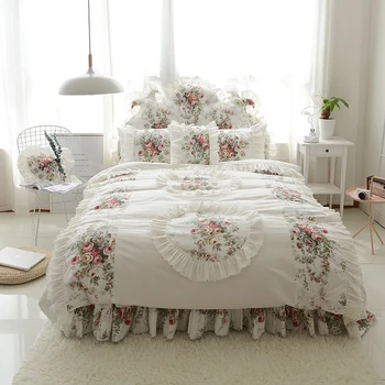 

3/4PCS Bedding Set Cotton Elegant Princess Duvet Cover Flower Printed Bedspread Bed Skirt Pillowcases for Girls