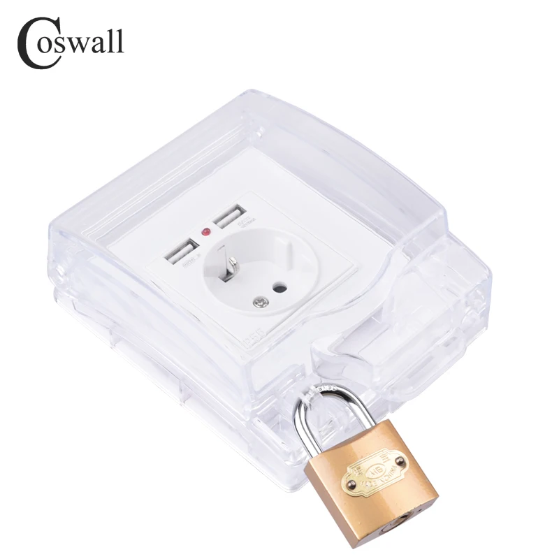 Coswall IP55 Водонепроницаемая Пыленепроницаемая прозрачная коробка+ белая стеклянная настенная панель стандарт ЕС розетка с двойным usb зарядным портом