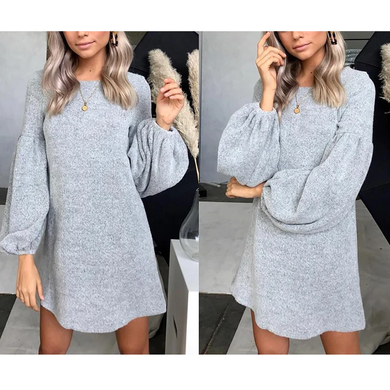

Womens Sweater Dress Round Neck Lantern Sleeve Casual Ladies Knitwear Dresses