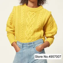 Топ из шерсти Желтый контур грубой вязки свитер джемпер пуловер с ребристой и скрученной деталью-Женский трикотажный пуловер два в одном
