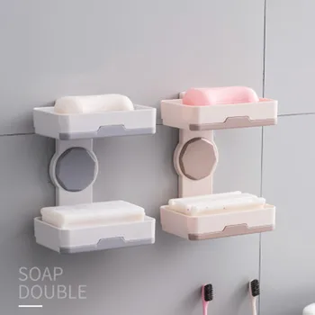 

Rotating Creative Drain Double Soap Dish Rack Wall-mounted Free Punch Soap Box Plastic Soap Storage Rack Container new arrive h