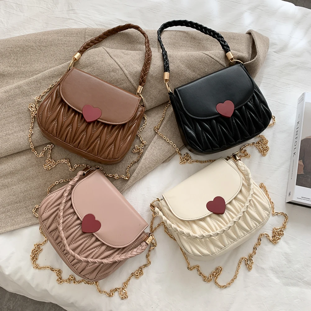 

Elegant Solid PU Crossbody Bags Women Shoulder Messenger Bag Female Love Hasp Woven Strap Clutch