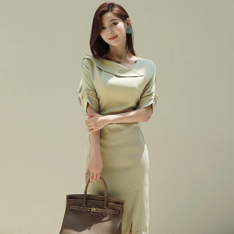 Elegant Spring New 2020 Slash-neck Short Sleeve Women Dress Office Ladies Split Pencil Female Work Business Midi | Женская одежда