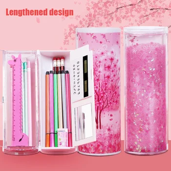 

New Hot Quicksand Stationery Box Transparent Cylindrical Pencil Case Multi-Function Pen Case Portable SMD66