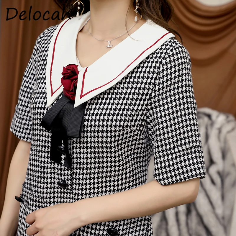 Delocah/модные летние мини-платья для подиума; женские платья с коротким рукавом и принтом с карманами и бантом; Элегантное повседневное платье трапециевидной формы для вечеринок