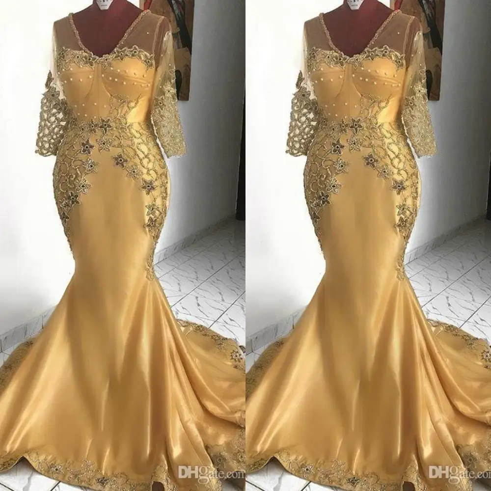 Gold Mermaid 2019 Afrikaanse Moeder van de Bruid Jurken V-hals Kralen Lange Mouwen Bruiloft Gast Jurk Plus Size Vrouwen formele Gold Mermaid 2019 Afrikaanse Moeder van de Bruid Jurken V-hals Kralen Lange Mouwen Bruiloft Gast Jurk Plus Size Vrouwen formele