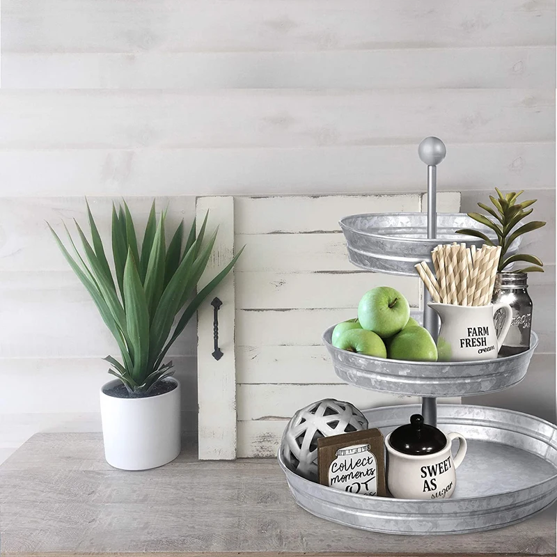 3 Tier Cake Stand Galvanized Metal Serving Tray Plant Dessert Cupcake Fruit Tiered Platter Vintage Decor for Home Party Kitchen