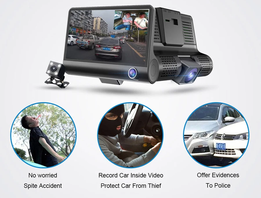 Автомобильный видеорегистратор LAMJAD с 3 объективами s 4,0 дюйма, видеорегистратор с двойным объективом и камерой заднего вида, видеорегистратор, видеорегистратор с автоматическим регистратором, видеорегистратор