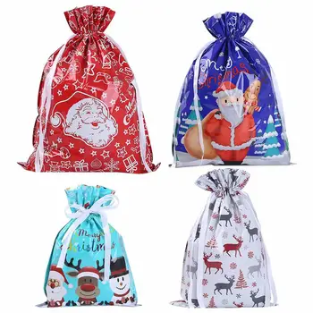 

4Pcs Christmas Plastic Gift Bags Santa Claus Elk Pattern Drawstring Gift Bags