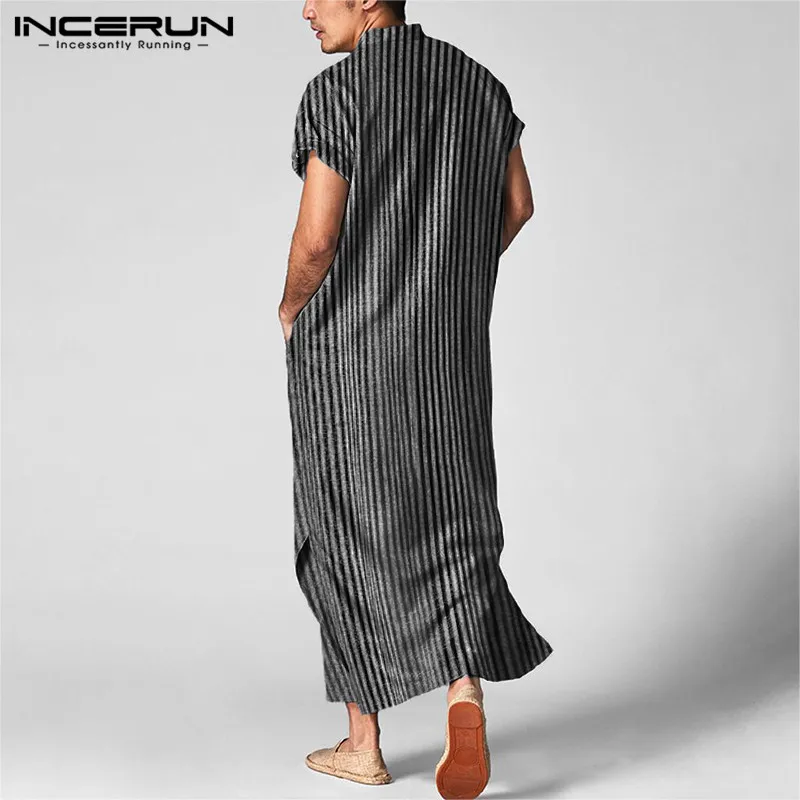 INCERUN Men Striped Jubba Thobe Men Islamic Arab Casual Short Sleeve Cotton Pockets Muslim Kaftan Robes Dubai Clothing S-5XL