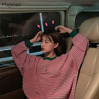 

Hoodies Women Striped Vintage All-match Simple Student Korean Style Harajuku Loose Ulzzang Girls Pullover Sweatshirt Womens New