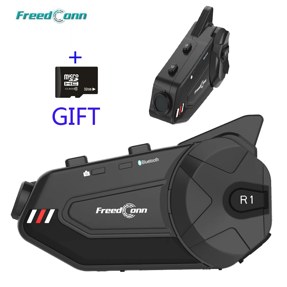 R1 Plus Wifi Recorder Bluetooth 5.0 Motorcycle Group Intercom HD 1080P Video FM 6 Riders  Helmet Interphone Headset+32GB DVR